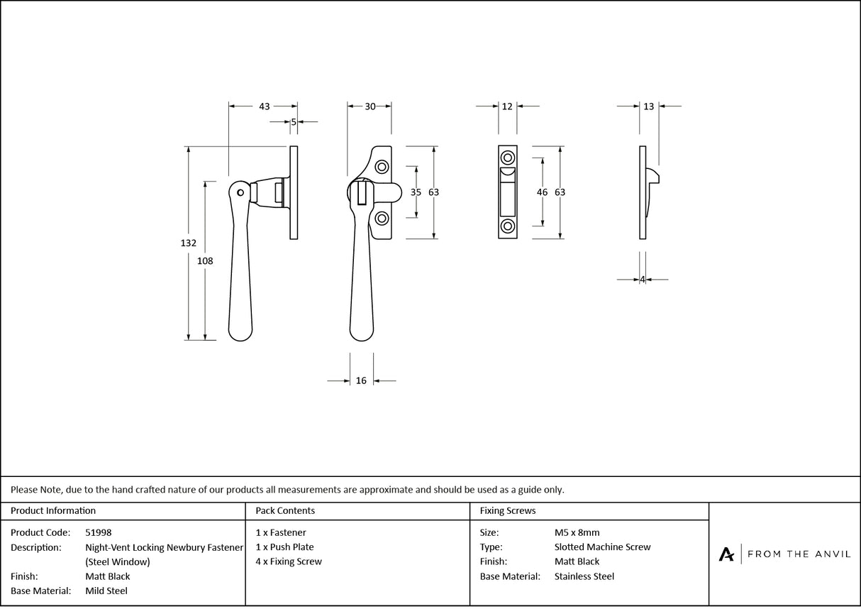 From The Anvil - Matt Black Night-Vent Locking Newbury Fastener (Steel Window) | Sku. 51998 | Trade Door Handles.