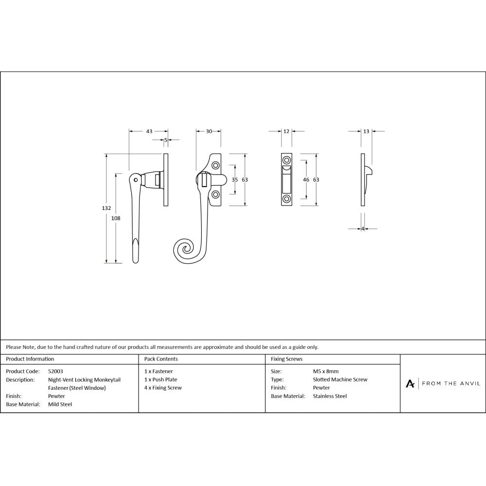 From The Anvil - Pewter Night-Vent Locking Monkeytail Fastener (Steel Window) | Sku. 52003 | Trade Door Handles.
