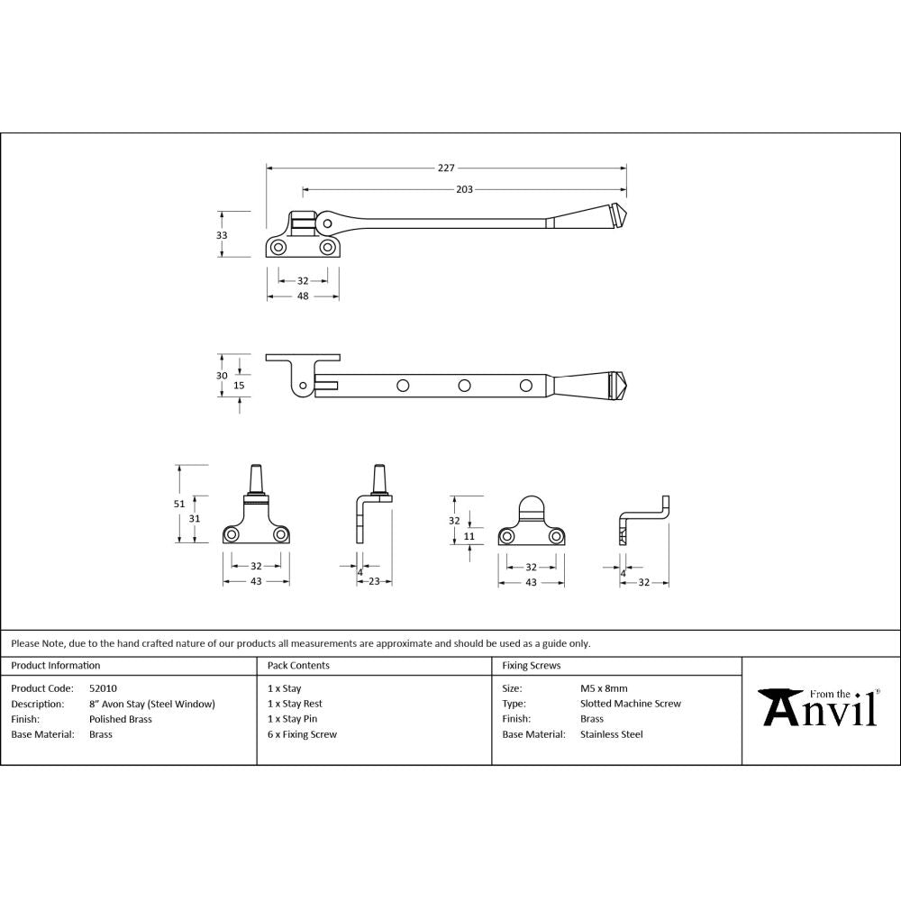 From The Anvil - Polished Brass 8" Avon Stay (Steel Window) | Sku. 52010 | Trade Door Handles.