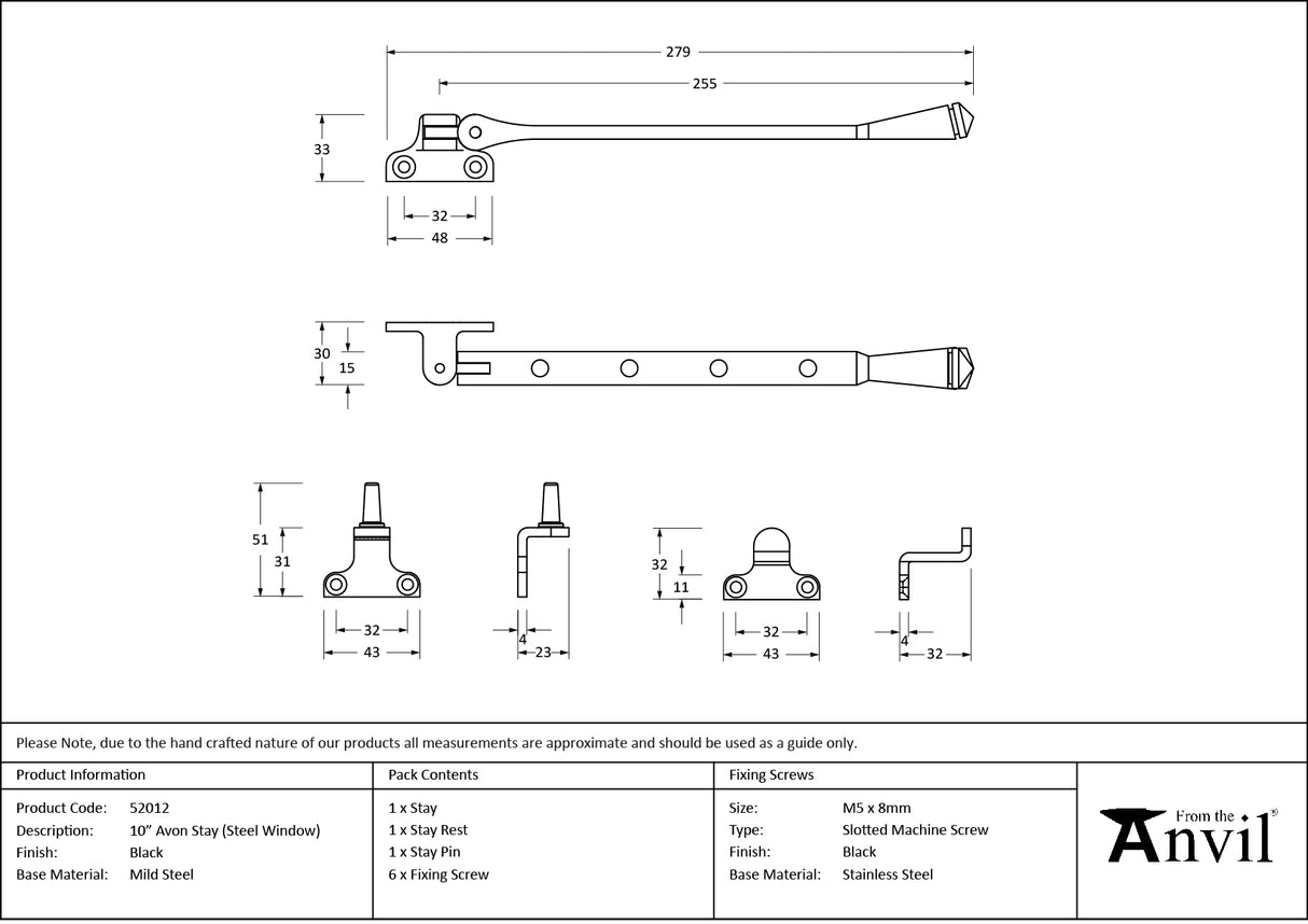 From The Anvil - Black 10" Avon Stay (Steel Window) | Sku. 52012 | Trade Door Handles.