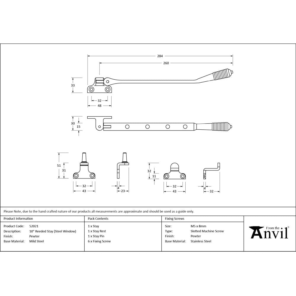 From The Anvil - Pewter 10" Reeded Stay (Steel Window) | Sku. 52021 | Trade Door Handles.