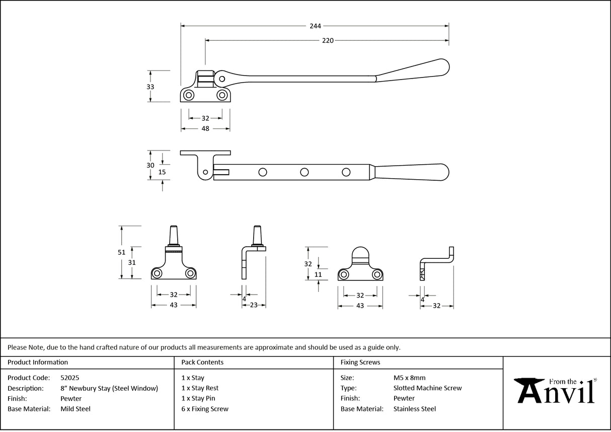 From The Anvil - Pewter 8" Newbury Stay (Steel Window) | Sku. 52025 | Trade Door Handles.