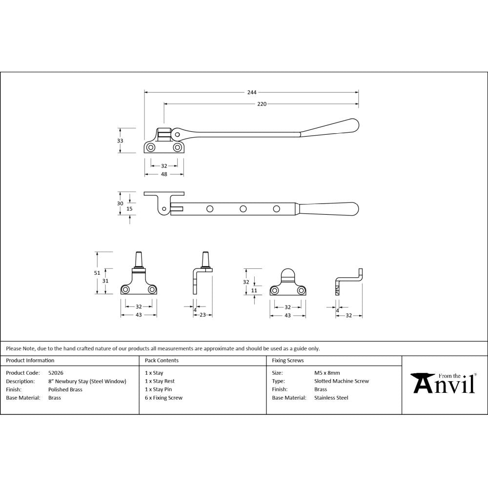 From The Anvil - Polished Brass 8" Newbury Stay (Steel Window) | Sku. 52026 | Trade Door Handles.