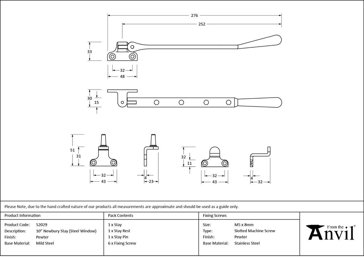 From The Anvil - Pewter 10" Newbury Stay (Steel Window) | Sku. 52029 | Trade Door Handles.