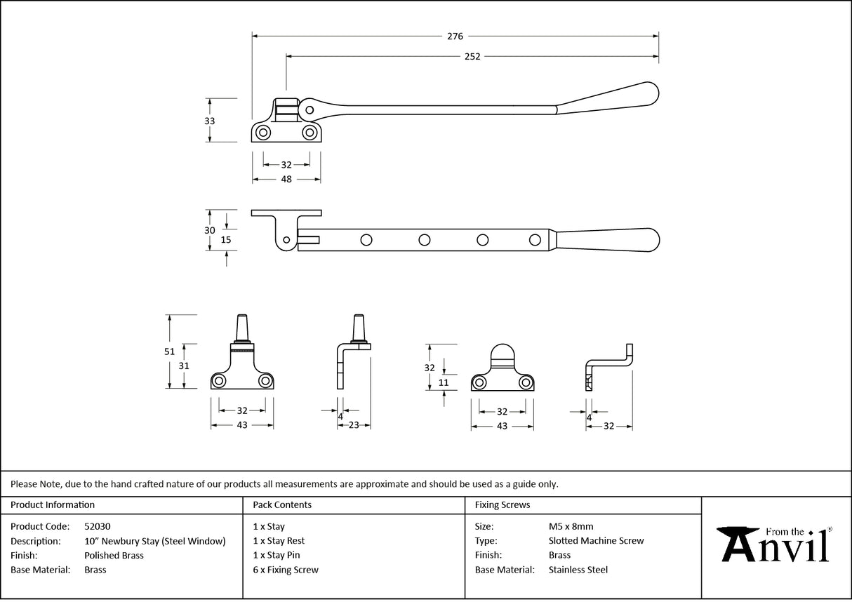 From The Anvil - Polished Brass 10" Newbury Stay (Steel Window) | Sku. 52030 | Trade Door Handles.