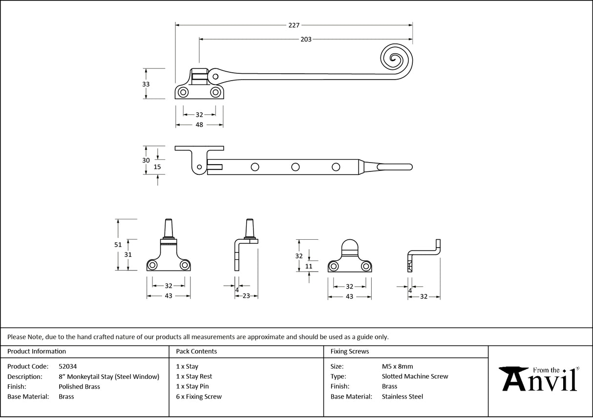 From The Anvil - Polished Brass 8" Monkeytail Stay (Steel Window) | Sku. 52034 | Trade Door Handles.