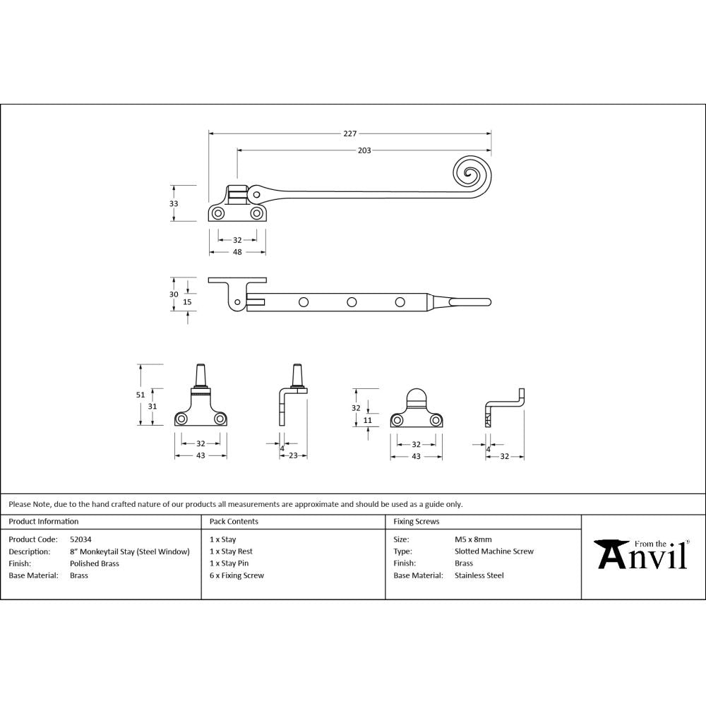 From The Anvil - Polished Brass 8" Monkeytail Stay (Steel Window) | Sku. 52034 | Trade Door Handles.
