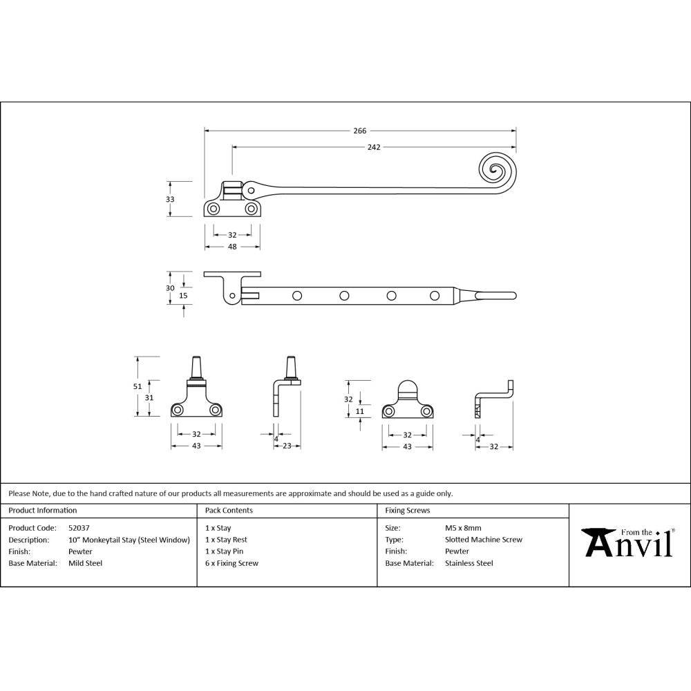 From The Anvil - Pewter 10" Monkeytail Stay (Steel Window) | Sku. 52037 | Trade Door Handles.