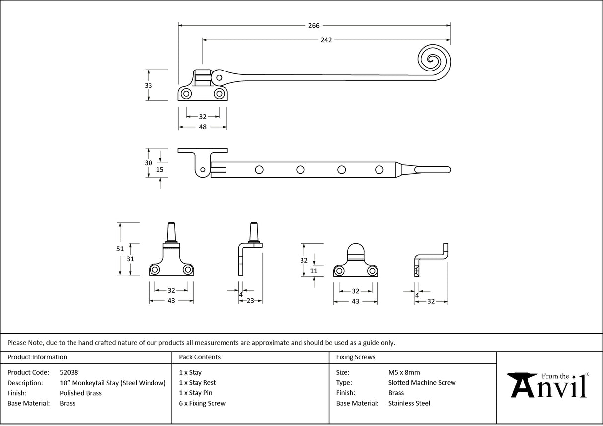 From The Anvil - Polished Brass 10" Monkeytail Stay (Steel Window) | Sku. 52038 | Trade Door Handles.