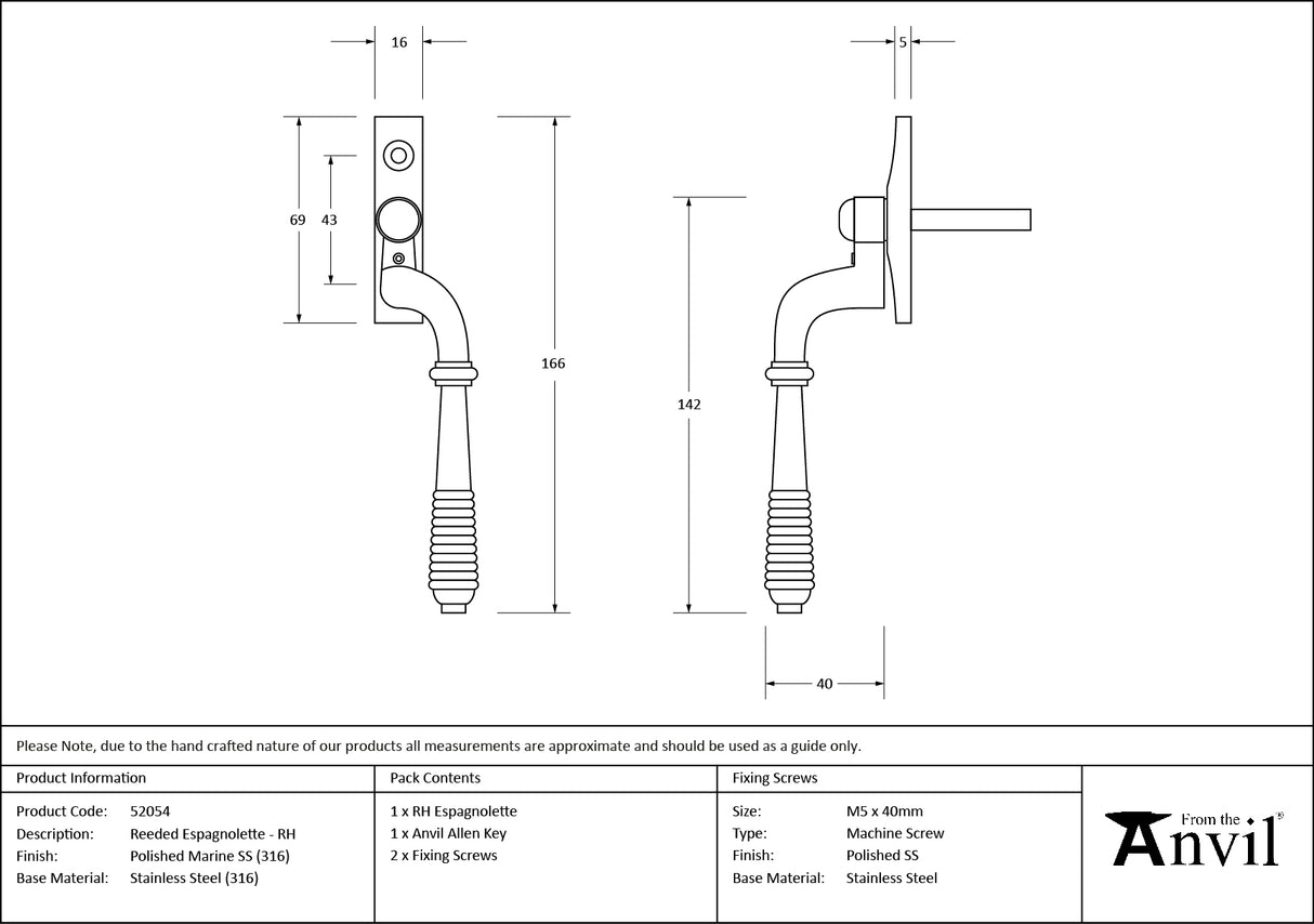 From The Anvil - Polished Marine SS (316) Reeded Espag - RH | Sku. 52054 | Trade Door Handles.