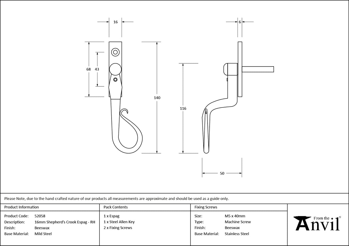 From The Anvil - Beeswax 16mm Shepherd's Crook Espag - RH | Sku. 52058 | Trade Door Handles.