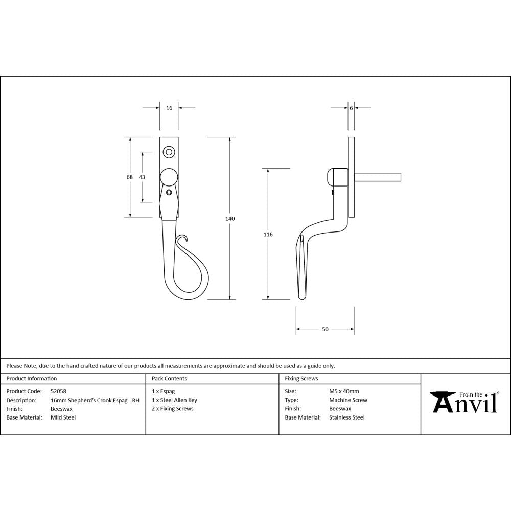 From The Anvil - Beeswax 16mm Shepherd's Crook Espag - RH | Sku. 52058 | Trade Door Handles.