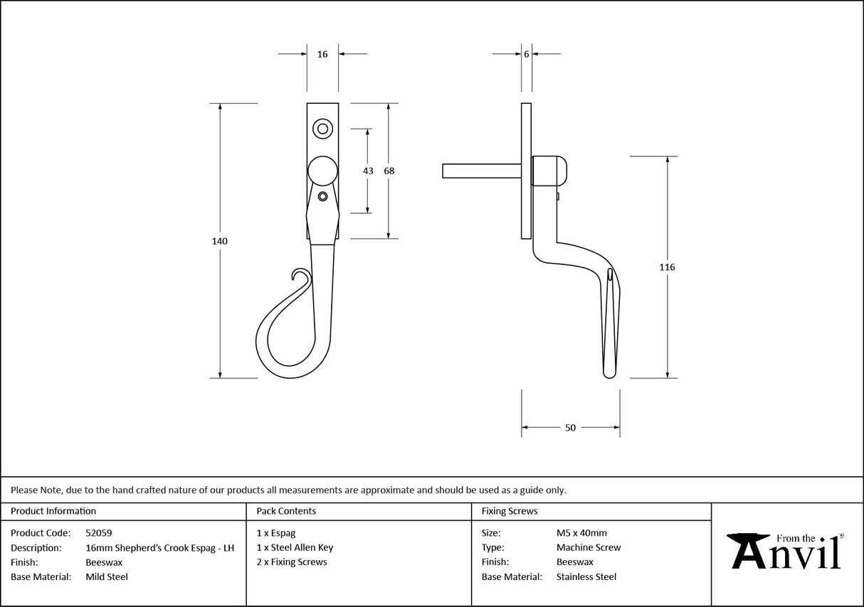 From The Anvil - Beeswax 16mm Shepherd's Crook Espag - LH | Sku. 52059 | Trade Door Handles.