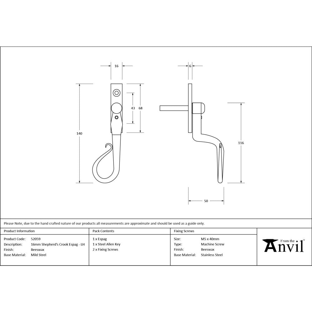 From The Anvil - Beeswax 16mm Shepherd's Crook Espag - LH | Sku. 52059 | Trade Door Handles.