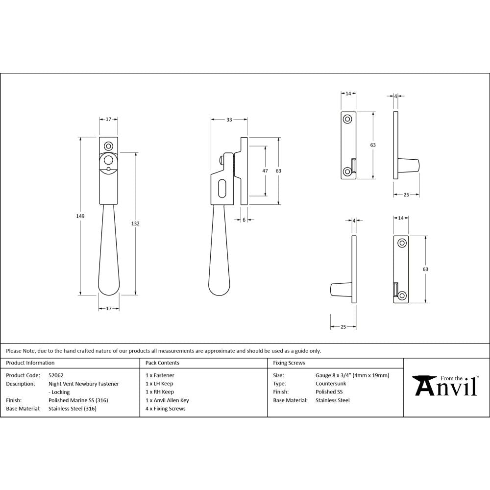 From The Anvil - Polished Marine SS (316) Night-Vent Locking Newbury Fastener | Sku. 52062 | Trade Door Handles.
