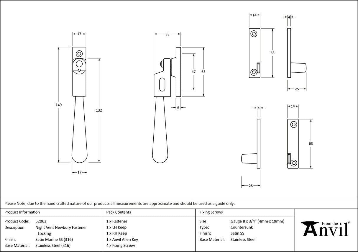 From The Anvil - Satin Marine SS (316) Night-Vent Locking Newbury Fastener | Sku. 52063 | Trade Door Handles.