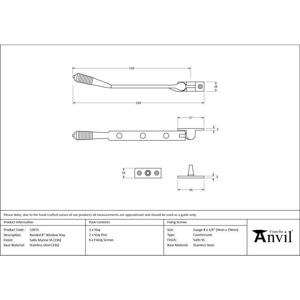 From The Anvil - Satin Marine SS (316) 8" Reeded Stay | Sku. 52071 | Trade Door Handles.
