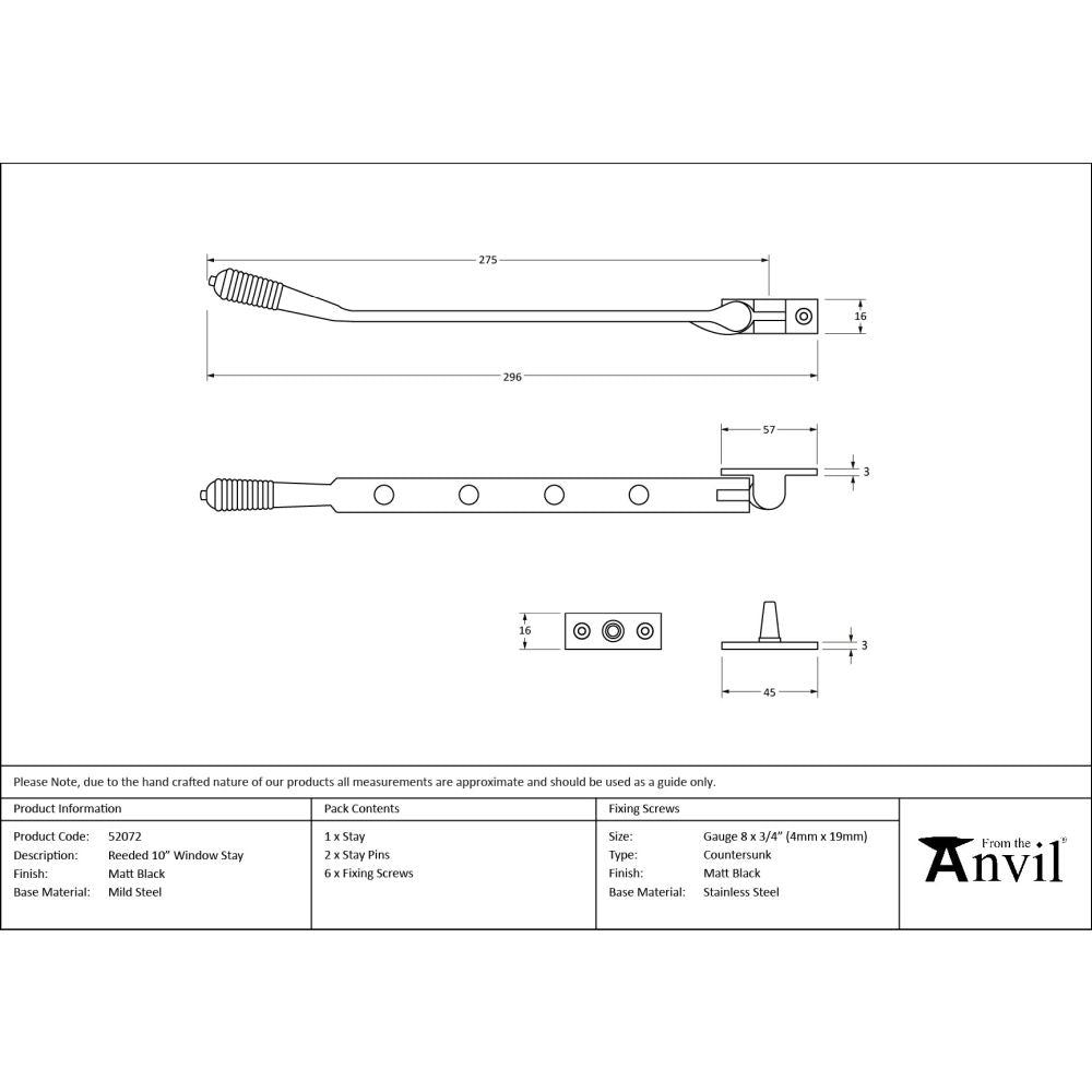 From The Anvil - Matt Black 10" Reeded Stay | Sku. 52072 | Trade Door Handles.
