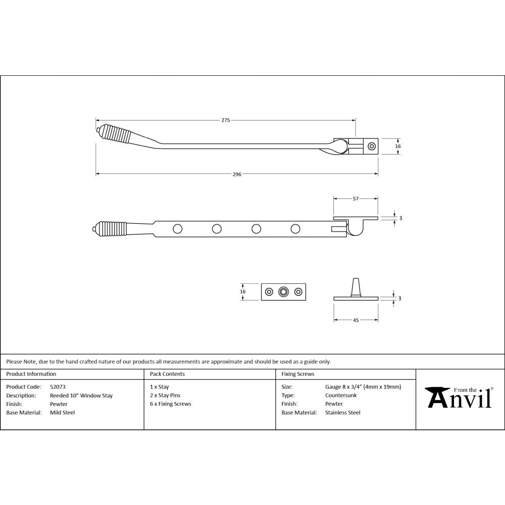 From The Anvil - Pewter 10" Reeded Stay | Sku. 52073 | Trade Door Handles.