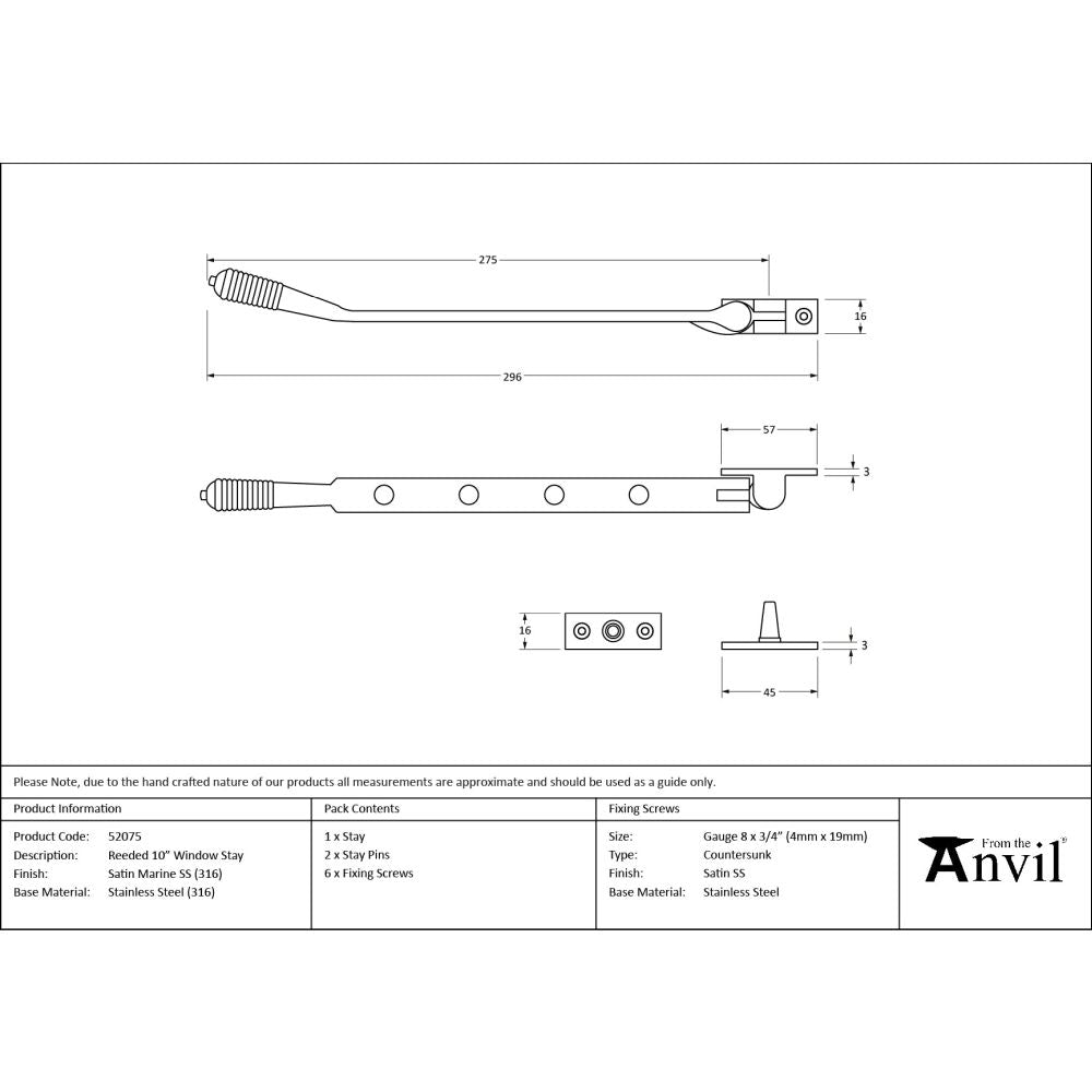From The Anvil - Satin Marine SS (316) 10" Reeded Stay | Sku. 52075 | Trade Door Handles.