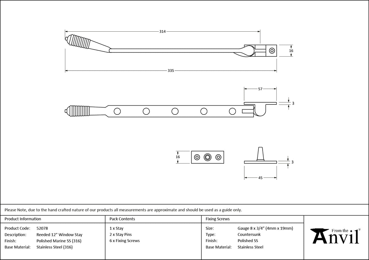 From The Anvil - Polished Marine SS (316) 12" Reeded Stay | Sku. 52078 | Trade Door Handles.