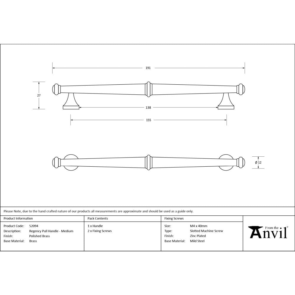 From The Anvil - Polished Brass Regency Pull Handle - Medium | Sku. 52094 | Trade Door Handles.