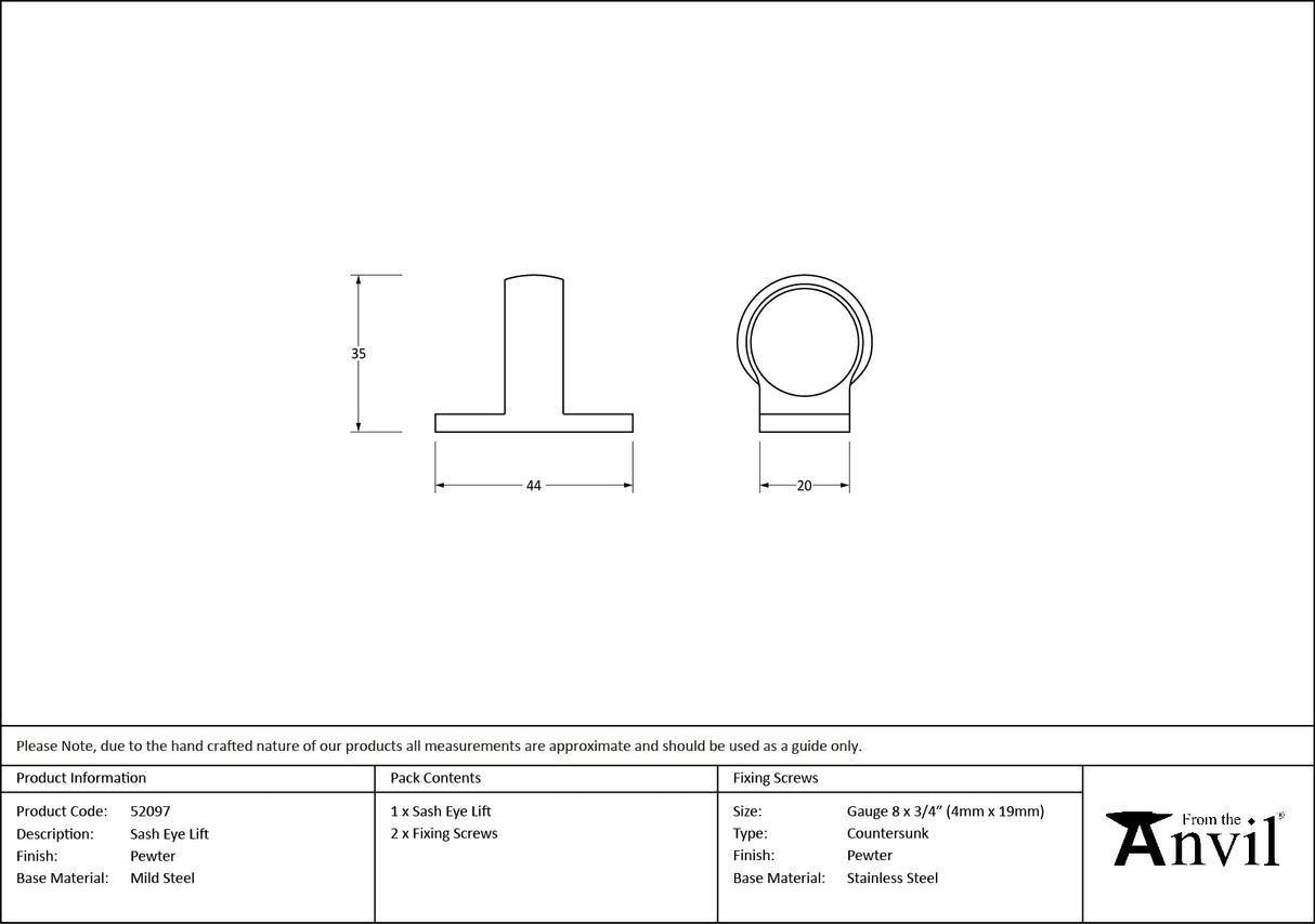 From The Anvil - Pewter Sash Eye Lift | Sku. 52097 | Trade Door Handles.