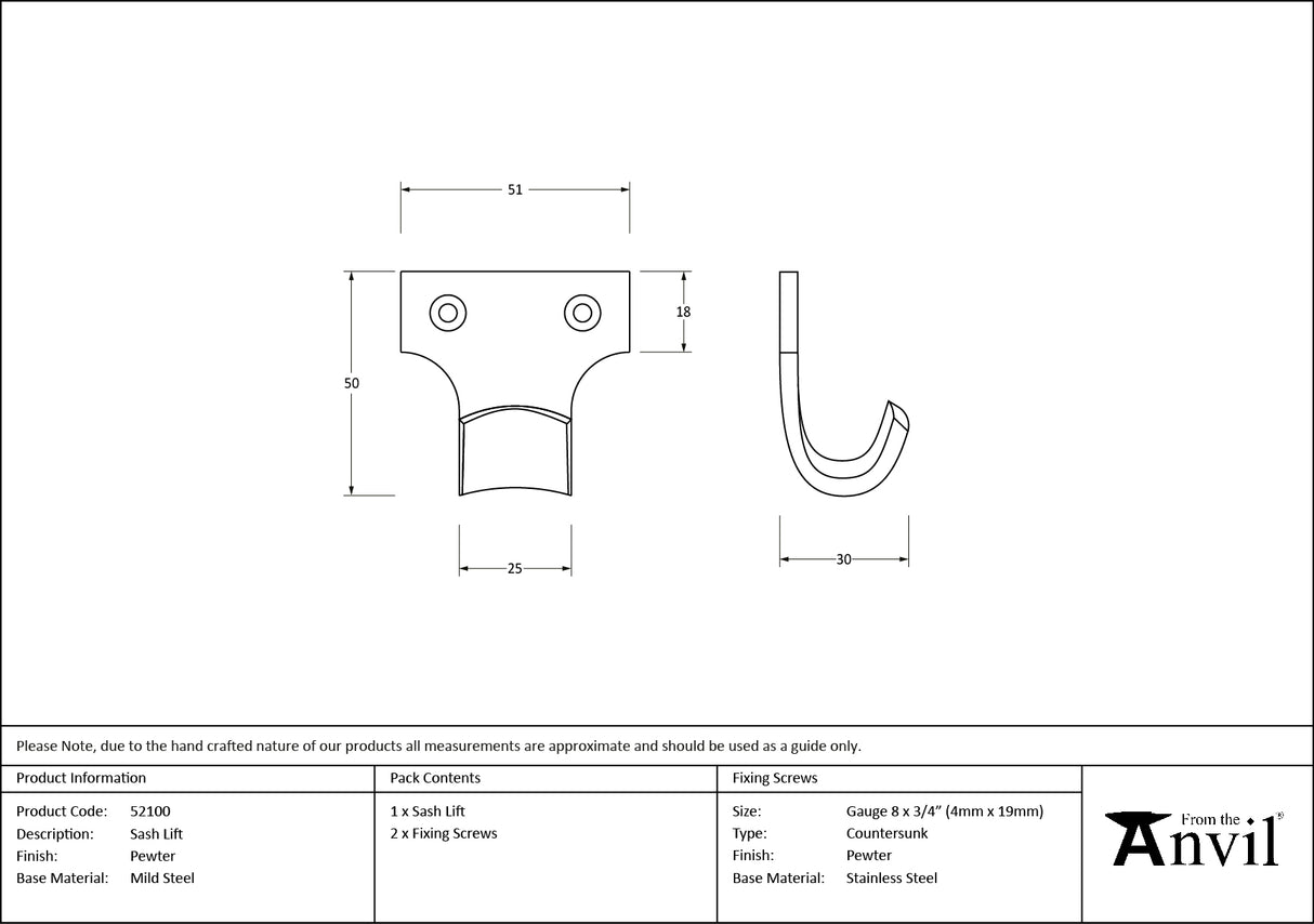 From The Anvil - Pewter Sash Lift | Sku. 52100 | Trade Door Handles.
