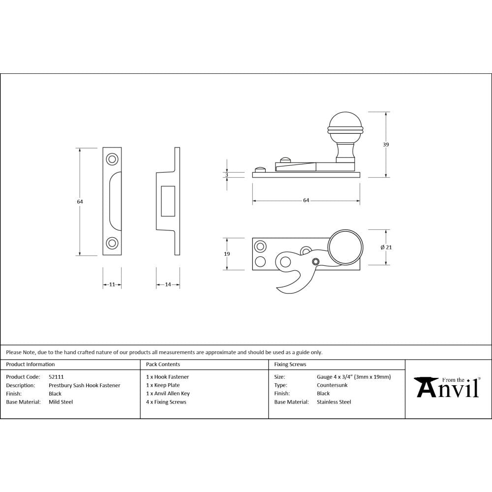From The Anvil - Black Prestbury Sash Hook Fastener | Sku. 52111 | Trade Door Handles.