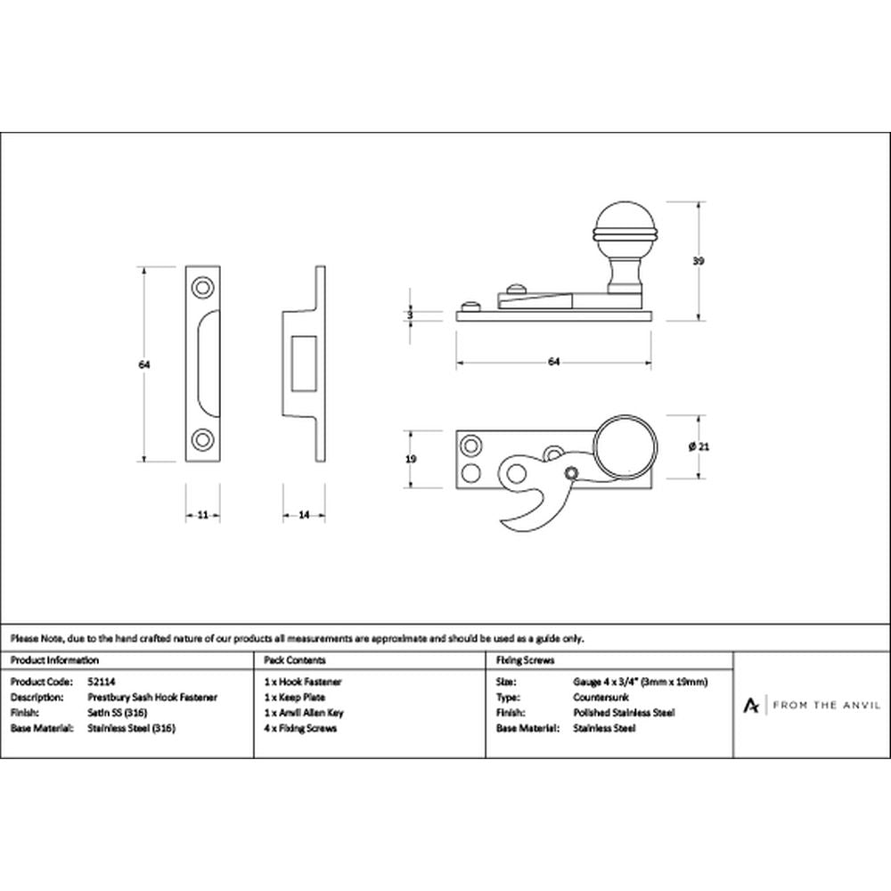 High quality images of the From The Anvil - Satin Marine SS (316) Prestbury Sash Hook Fastener | Sku. Anvil-52114 | available to order from Trade Door Handles, quick delivery at discounted prices.