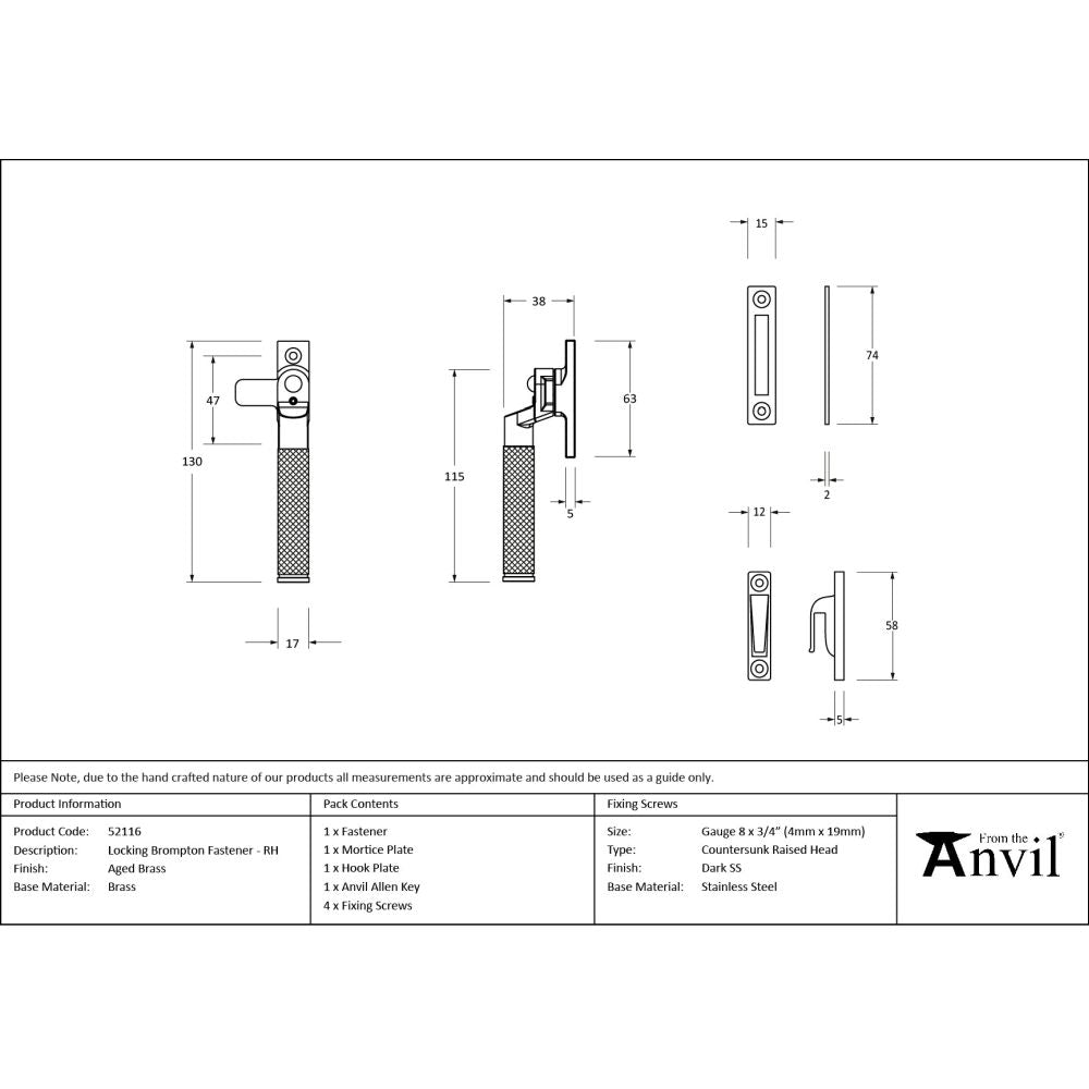 From The Anvil - Aged Brass Locking Brompton Fastener RH | Sku. 52116 | Trade Door Handles.