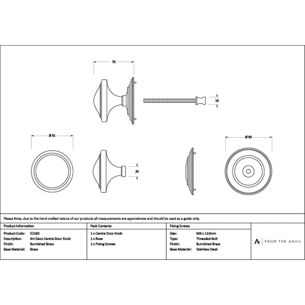 High quality images of the From The Anvil - Burnished Brass Art Deco Centre Door Knob | Sku. Anvil-52160 | available to order from Trade Door Handles, quick delivery at discounted prices.