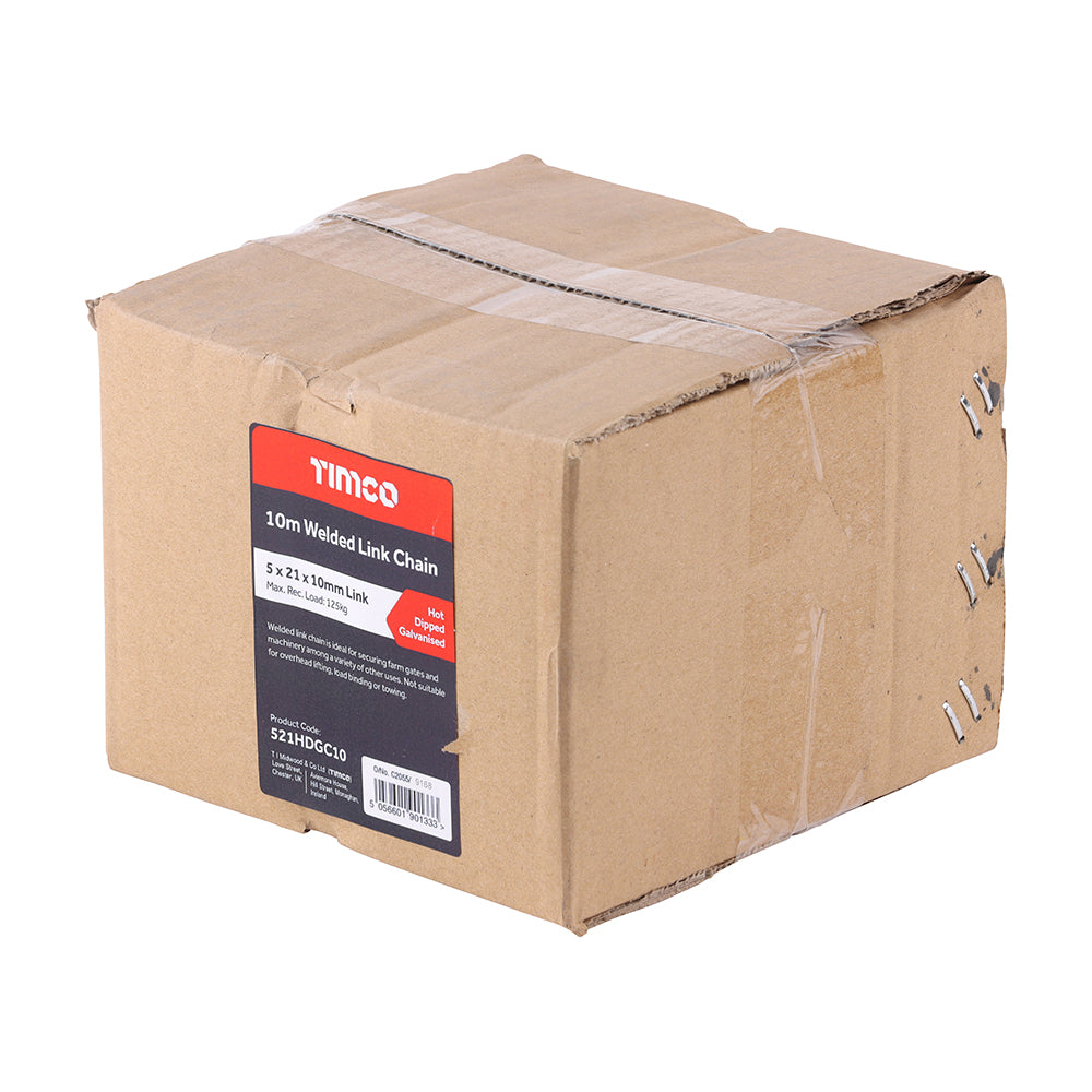 This is an image of Timco - Welded Link Chain - Hot Dipped Galvanised 5 x 21 x 10mm (10m) (1 Each Box) 521HDGC10
