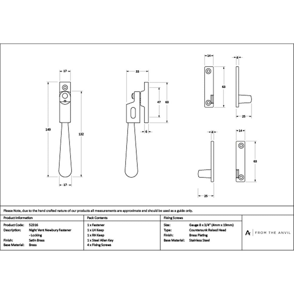 High quality images of the From The Anvil - Satin Brass Night-Vent Locking Newbury Fastener | Sku. Anvil-52316 | available to order from Trade Door Handles, quick delivery at discounted prices.