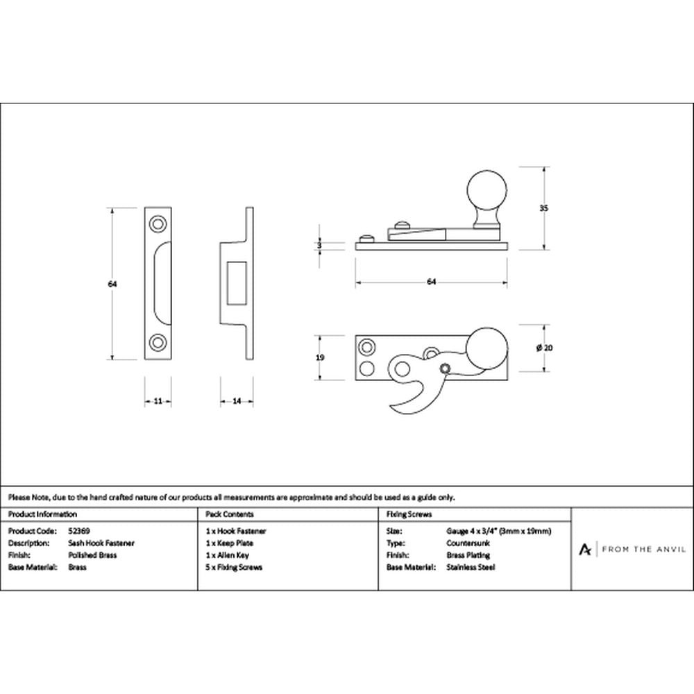 High quality images of the From The Anvil - Polished Brass Sash Hook Fastener | Sku. Anvil-52369 | available to order from Trade Door Handles, quick delivery at discounted prices.