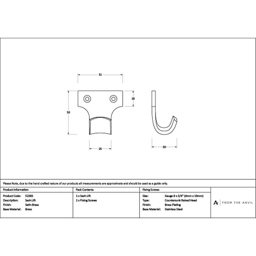 High quality images of the From The Anvil - Satin Brass Sash Lift | Sku. Anvil-52383 | available to order from Trade Door Handles, quick delivery at discounted prices.