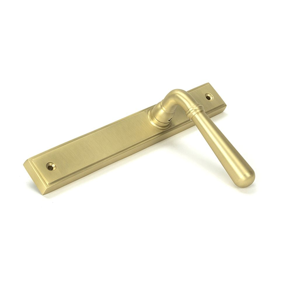 High quality images of the From The Anvil - Satin Brass Newbury Slimline Lever Espag. Latch Set | Sku. Anvil-52422 | available to order from Trade Door Handles, quick delivery at discounted prices.