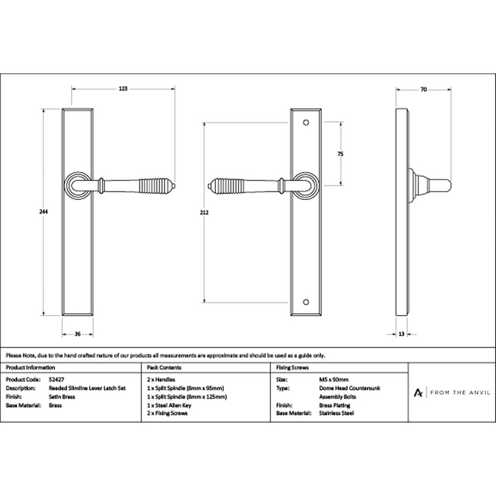 High quality images of the From The Anvil - Satin Brass Reeded Slimline Lever Latch Set | Sku. Anvil-52427 | available to order from Trade Door Handles, quick delivery at discounted prices.