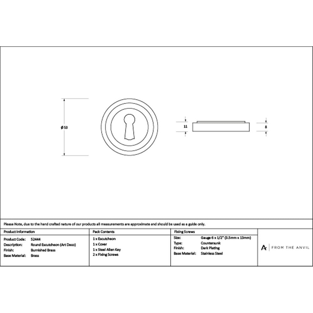 High quality images of the From The Anvil - Burnished Brass Round Escutcheon (Art Deco) | Sku. Anvil-52444 | available to order from Trade Door Handles, quick delivery at discounted prices.