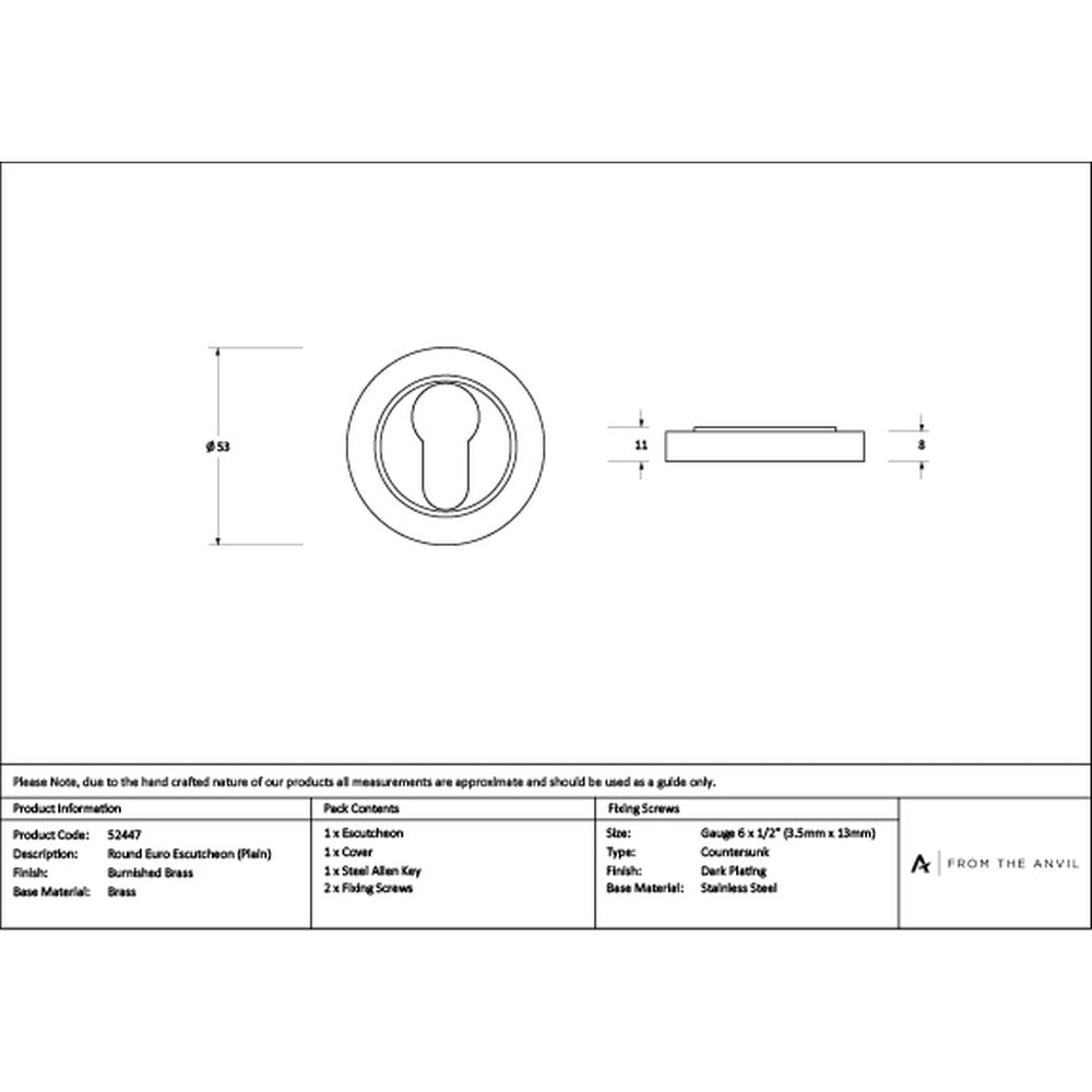 High quality images of the From The Anvil - Burnished Brass Round Euro Escutcheon (Plain) | Sku. Anvil-52447 | available to order from Trade Door Handles, quick delivery at discounted prices.