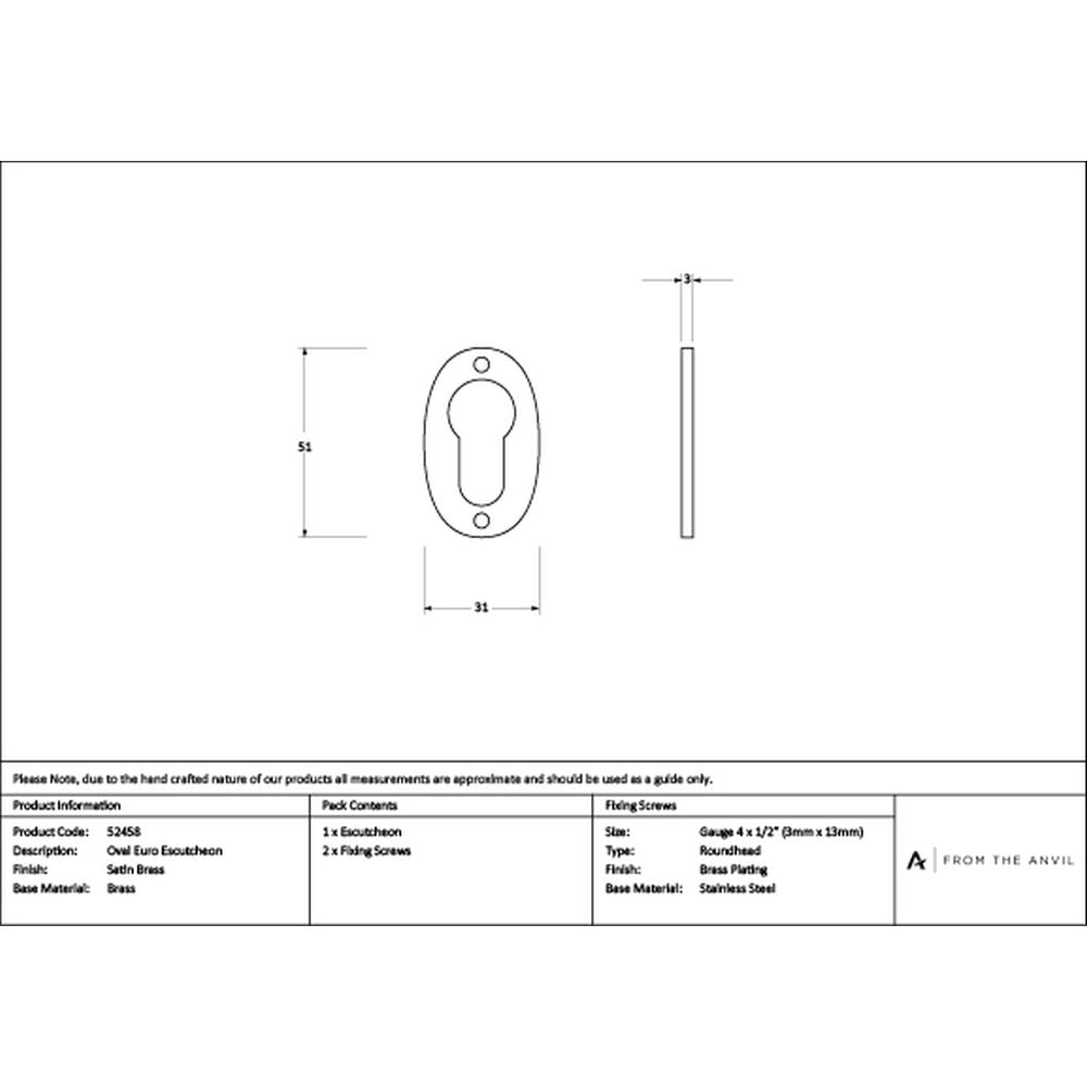 High quality images of the From The Anvil - Satin Brass Oval Euro Escutcheon | Sku. Anvil-52458 | available to order from Trade Door Handles, quick delivery at discounted prices.