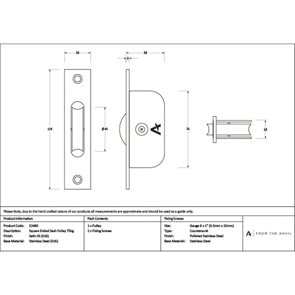 High quality images of the From The Anvil - Satin Marine SS (316) Square Ended Sash Pulley 75kg | Sku. Anvil-52480 | available to order from Trade Door Handles, quick delivery at discounted prices.