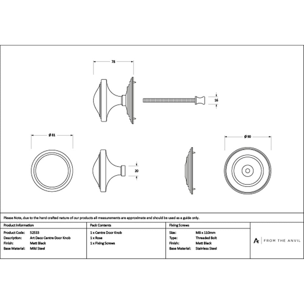 High quality images of the From The Anvil - Matt Black Art Deco Centre Door Knob | Sku. Anvil-52533 | available to order from Trade Door Handles, quick delivery at discounted prices.
