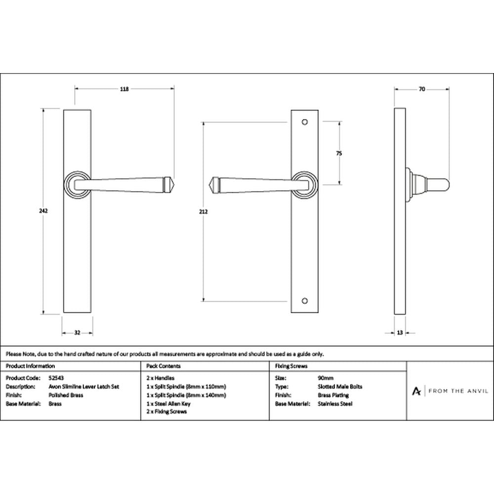 High quality images of the From The Anvil - Polished Brass Avon Slimline Lever Espag. Latch Set | Sku. Anvil-52543 | available to order from Trade Door Handles, quick delivery at discounted prices.