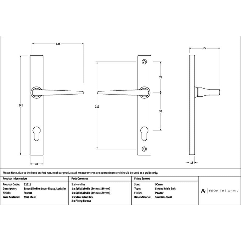 High quality images of the From The Anvil - Pewter Eaton Slimline Lever Espag. Lock Set | Sku. Anvil-52611 | available to order from Trade Door Handles, quick delivery at discounted prices.