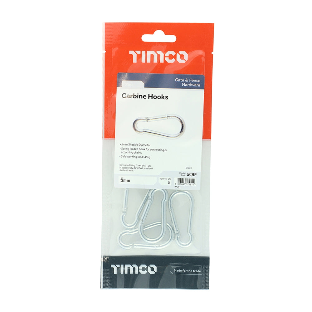 This is an image of Timco - Carbine Hooks - Zinc 5mm (5 Pieces TIMpac) 5CHP