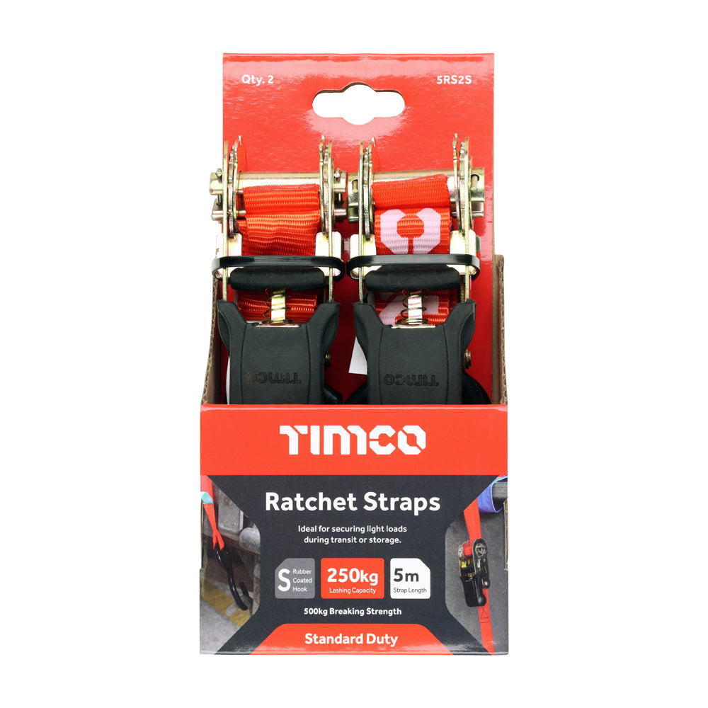 This is an image of Timco - Ratchet Straps - S Hook - Standard Duty 5m x 25mm (2 Pieces Box) 5RS2S