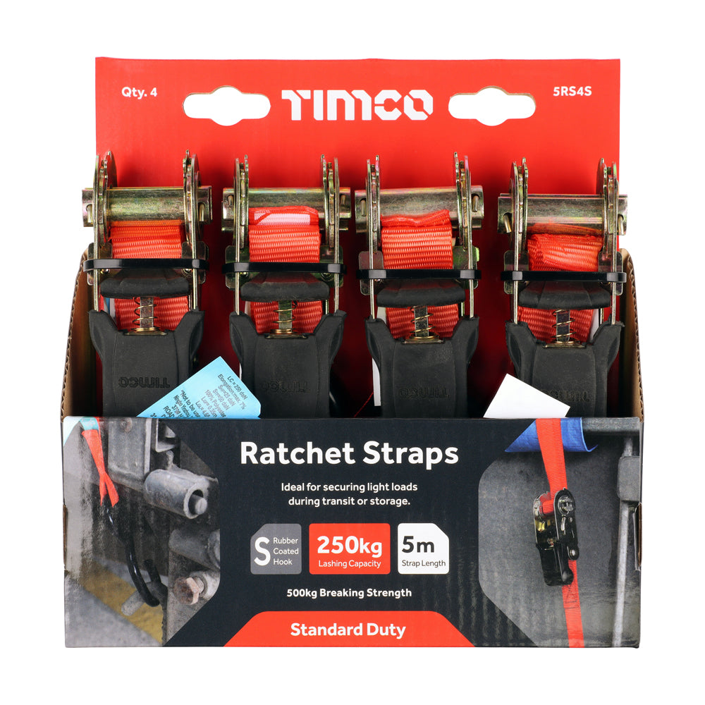 This is an image of Timco - Ratchet Straps - S Hook - Standard Duty 5m x 25mm (4 Pieces Box) 5RS4S