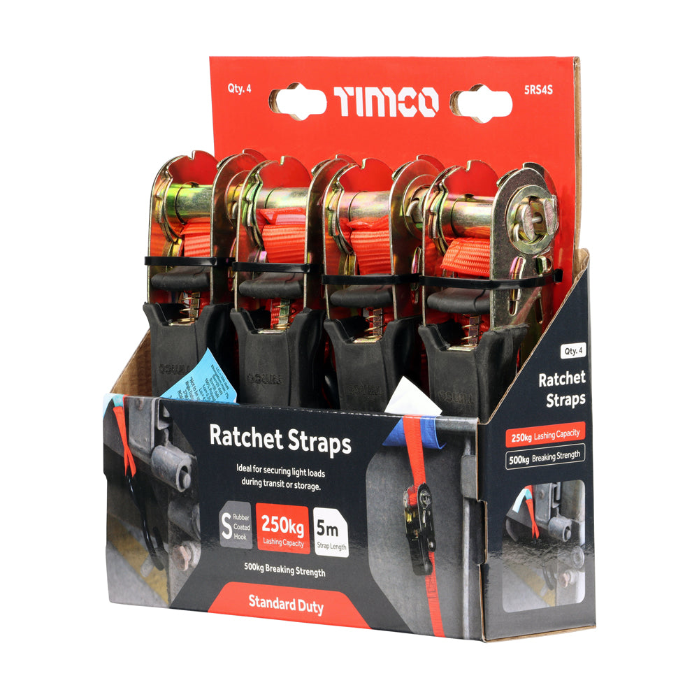 This is an image of Timco - Ratchet Straps - S Hook - Standard Duty 5m x 25mm (4 Pieces Box) 5RS4S