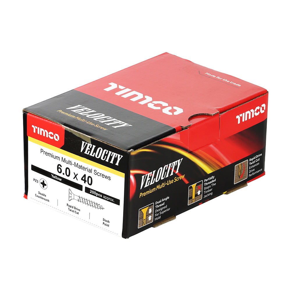 This is an image of Timco - Velocity Premium Multi-Use Screws - PZ - Double Countersunk - Yellow 6.0 x 40mm - (200 PCS Box) 60040VY